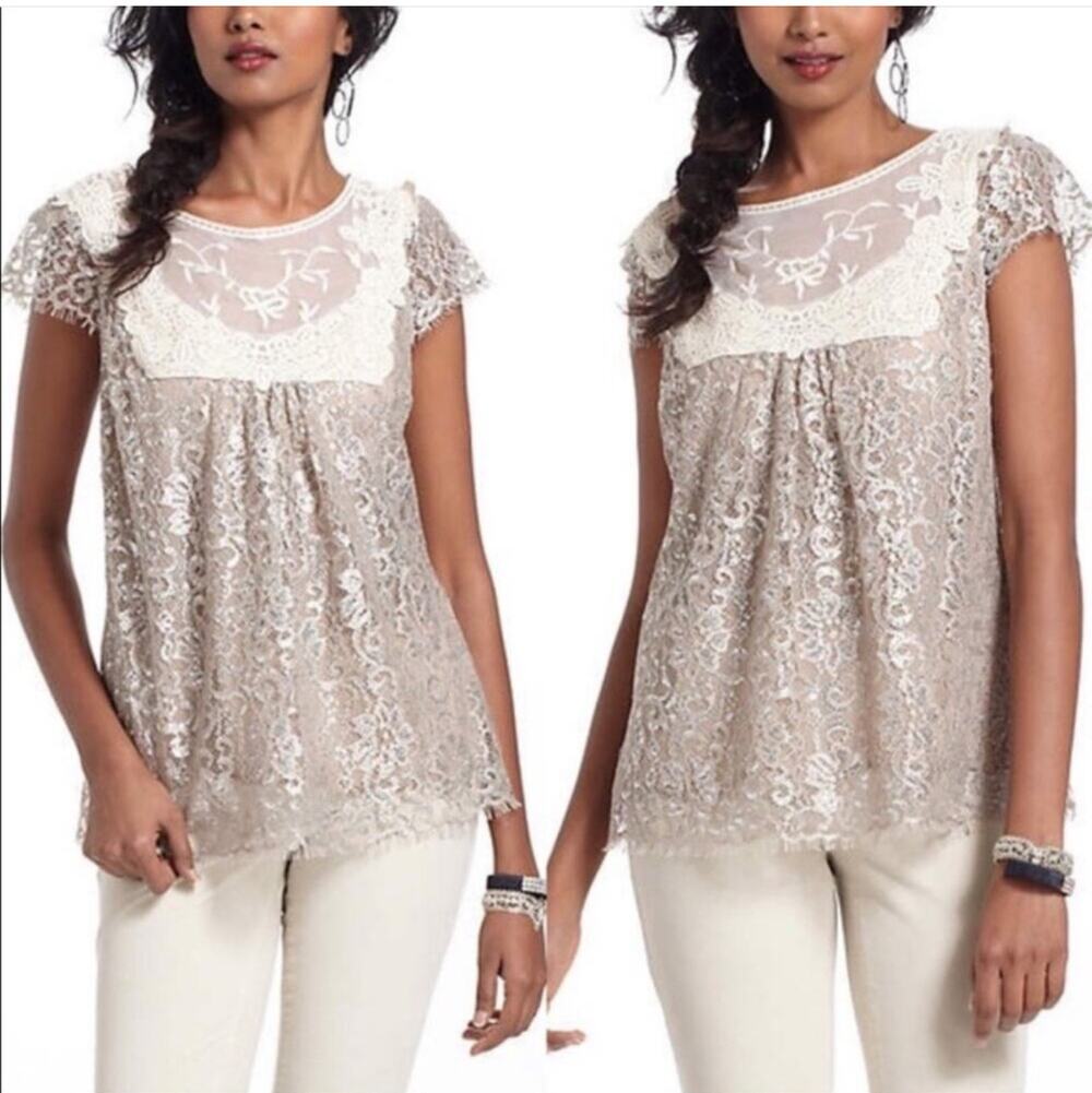 ANTHRO HD in Paris Womens top, ivory silver lace blouse Size US 0